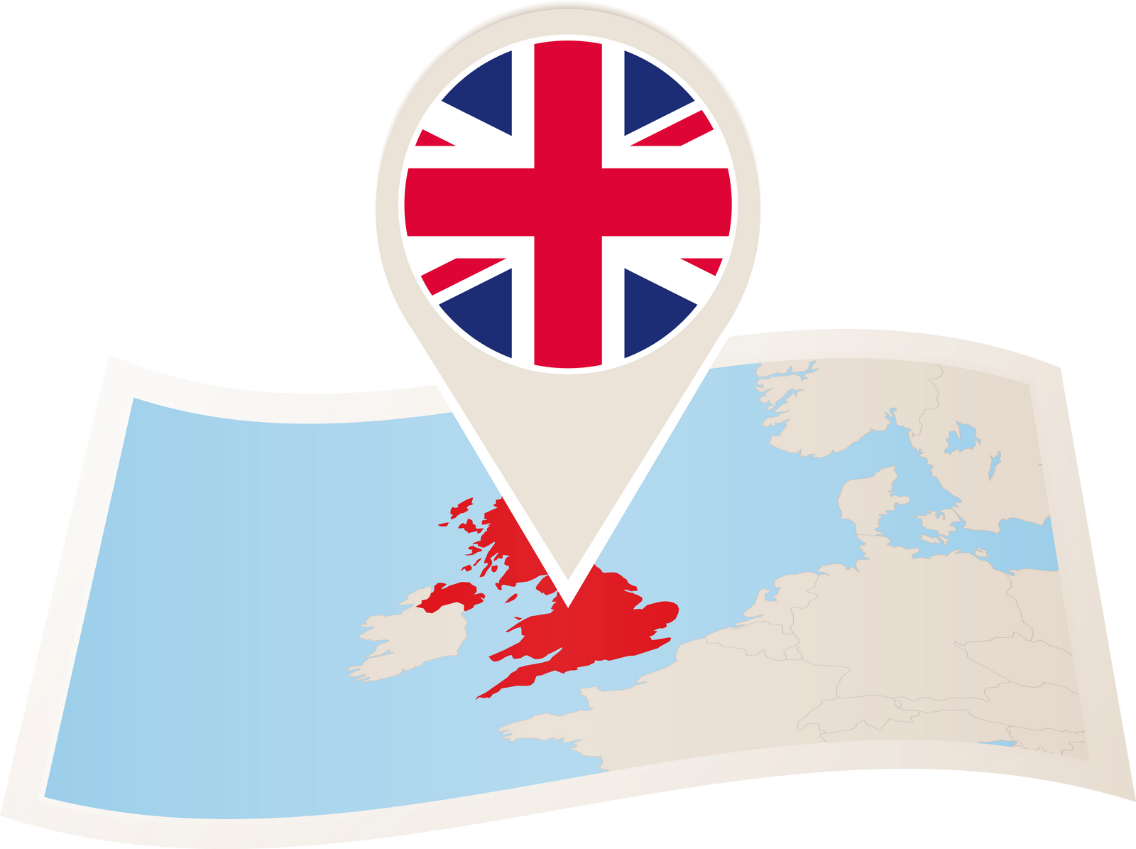 Folded paper map of United Kingdom with flag pin of UK.